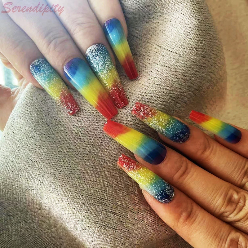 24 Stuks Lange Amandelvormige Nagels Pers Op Nagels Met Regenboog Glitter Afneembare Volledige Cover Cool Art Nagels Nep Nagels Tips Manicure