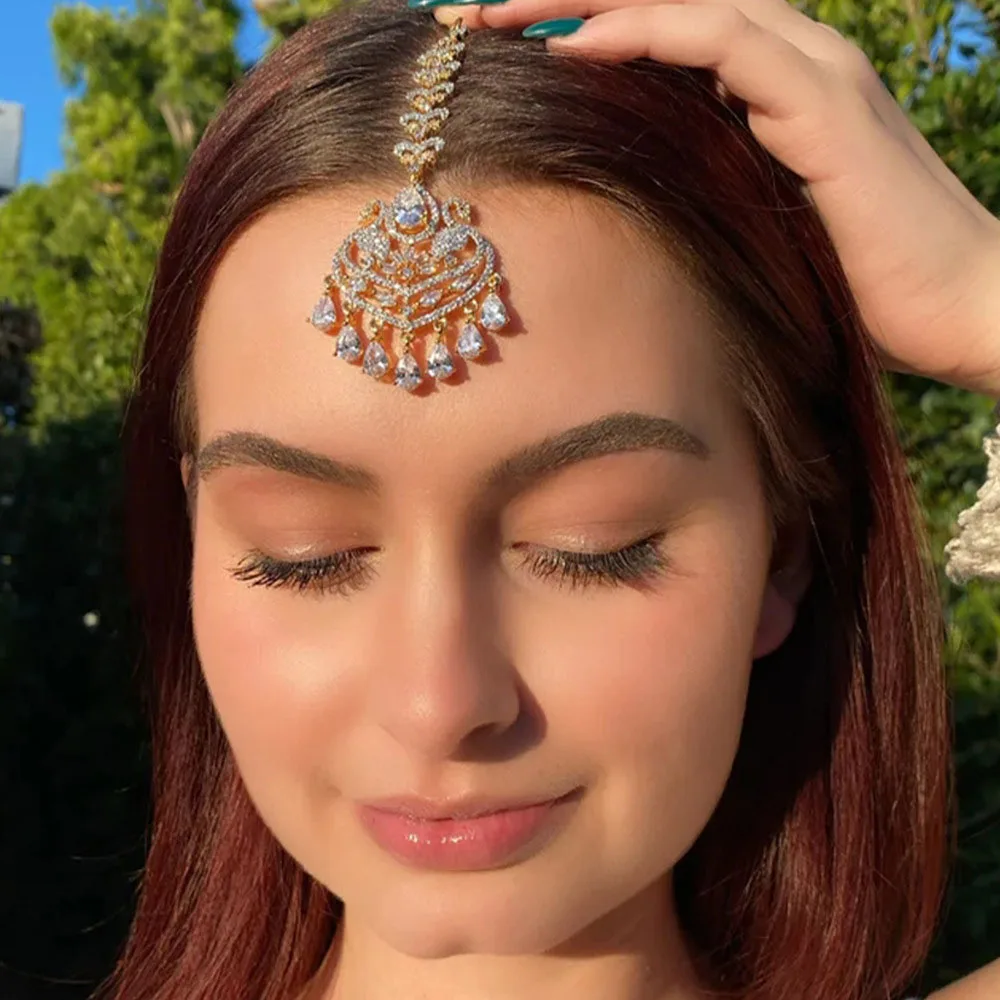 Exquisite Rhinestone Maang Tikka Forehead Chain Elegant Gold Plated Bridal Indian Head Chain Party Jewelry