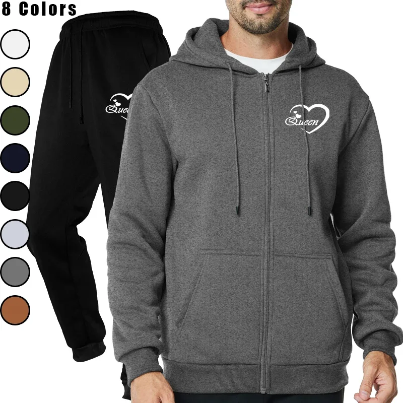 

2025 Autumn and Winter New European and American Fleece Casual Zipper Solid Color Sweater and Pants with Sports Hat Set for Men