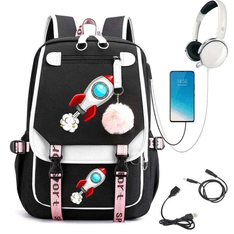 Space Rocket Cartoon Backpack Bags for Girls Secondary School Bagpack College Student Teenager Bookbag Usb Charging Backpack