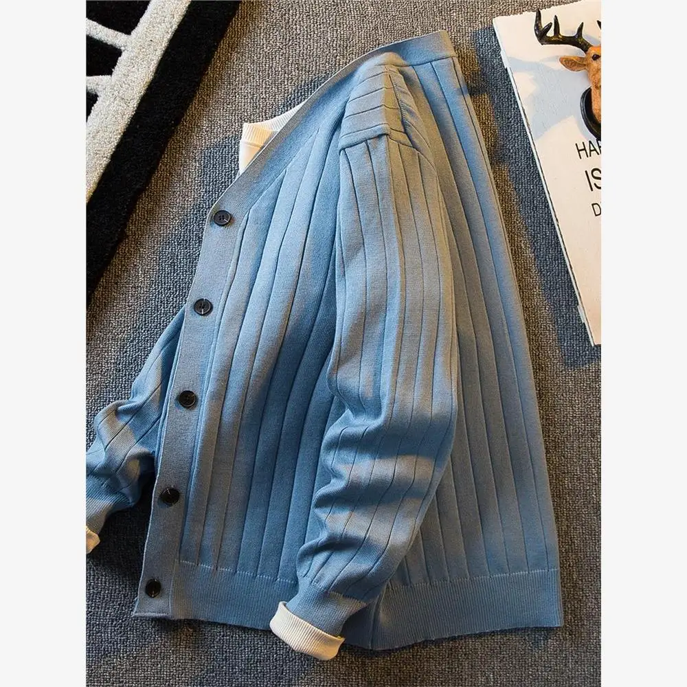 

Мужской свитер с V-образным вырезом и полосками для ранней осени, повседневный весенне-осенний легкий вязаный кардиган в британском стиле