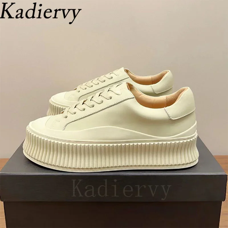 Hot Sales Thick Sole Sneakers Women Casual Outdoor Casual Shoes Lady Round Toe Lace Up Genuine Leather Flat Platform Shoes Woman