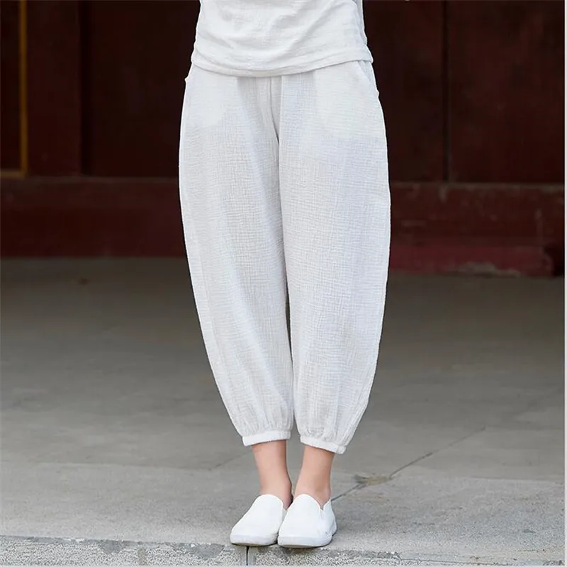 Spring Cotton Ankle-Length Pants Chinese Style Solid Casual Loose Lantern Pants Summer Women plus Size Trousers 5XL 6XL 7XL