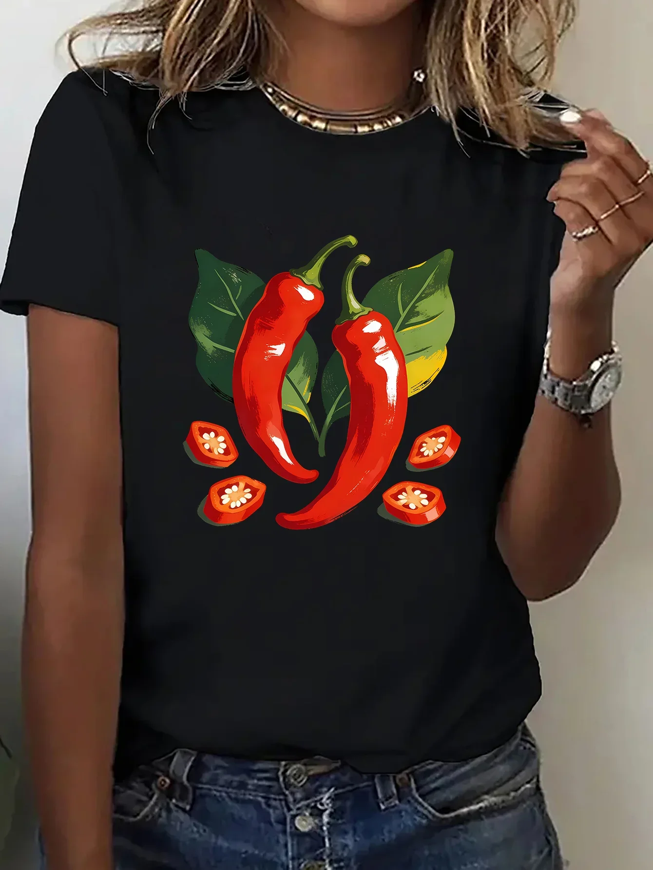 Cute Red Chili Pepper With Green Leaves Fresh Vegetable Art Print Graphic Ladies T Shirt Short Sleeve Crew Neck Casual Tee Tops