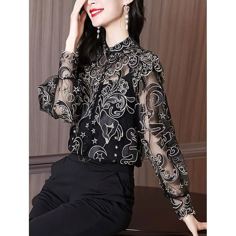 Spring Autumn New Fashion Printing Turn-down Collar Long Sleeve Blouse Ladies Temperament Net Yarn Shirts Femme Elegant Tops