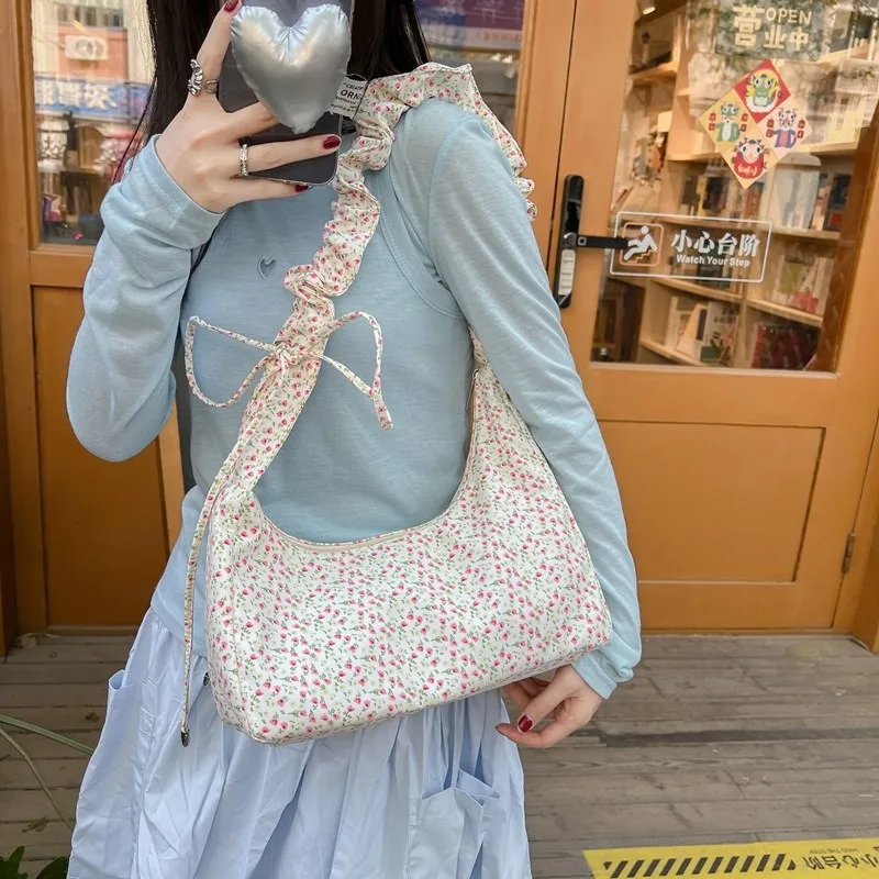 Xiuya Summer Flower Shoulder Bag for Women Pleated Cute Literary Drawstring Fashion Armpit Bag Korean Style Elegant New Handbag