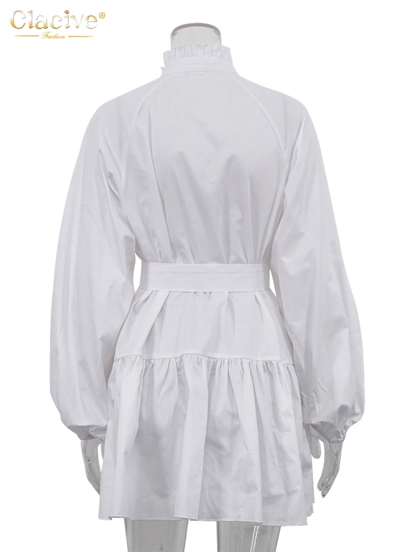 Clacive Fashion Loose White Cotton Dress Casual Stand Collar Puff Sleeve Mini Dress Elegant Lace-Up Pleated Dresses For Women