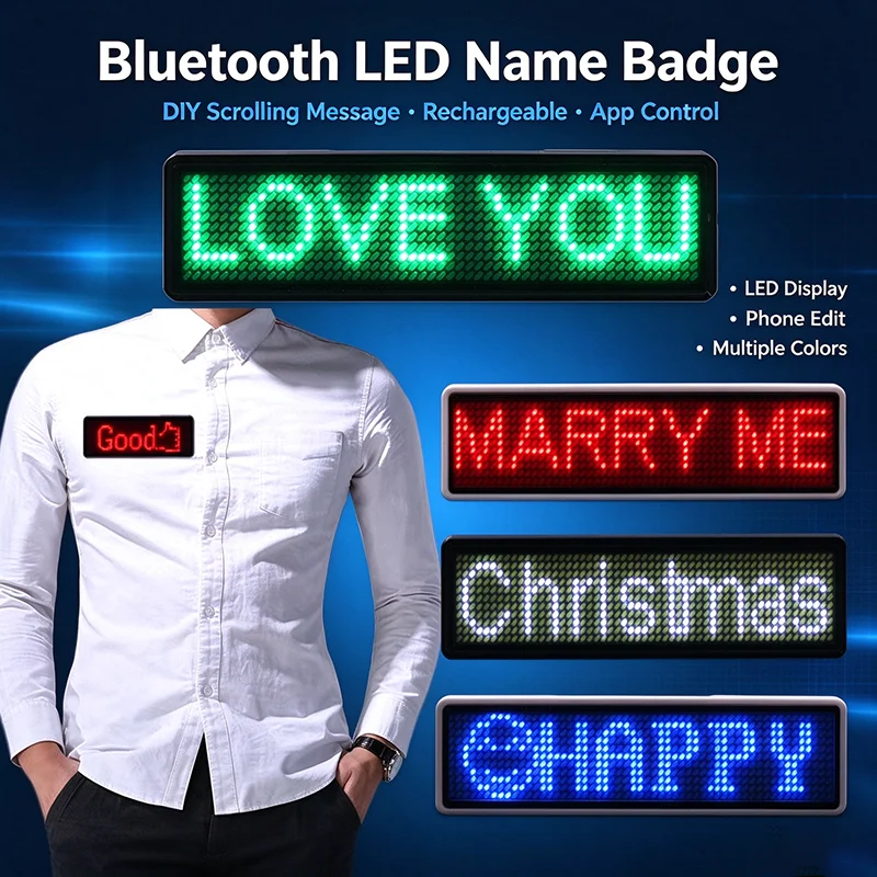 Bluetooth Programmable Led Name Badge, Rechargeable Mini Digital Led Display, DIY Scrolling Message Led Insignia Work ID Tag