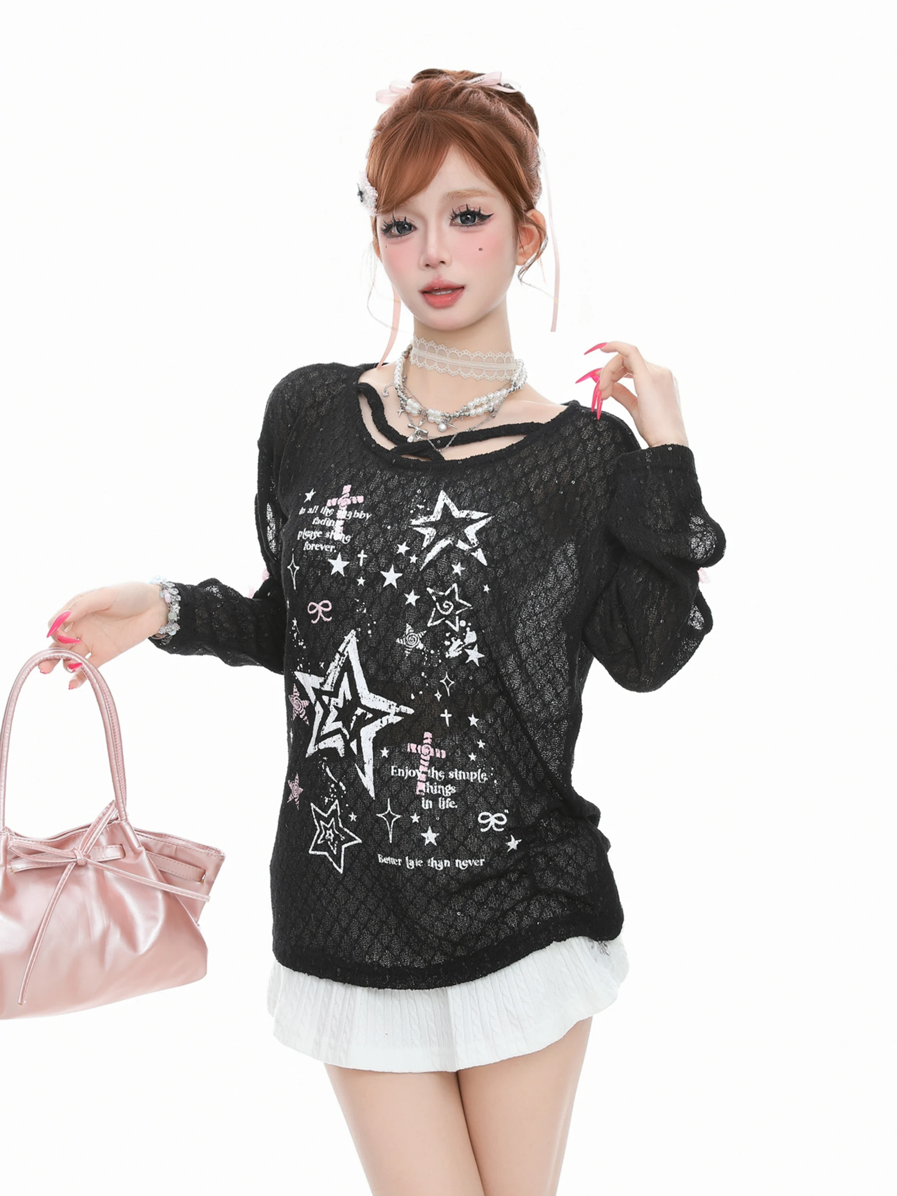 Basterds Korean Style Sweet Star Print Semi-Transparent Long Sleeve T-Shirt Women's Loose Spicy Top Spring Season Polyester F...