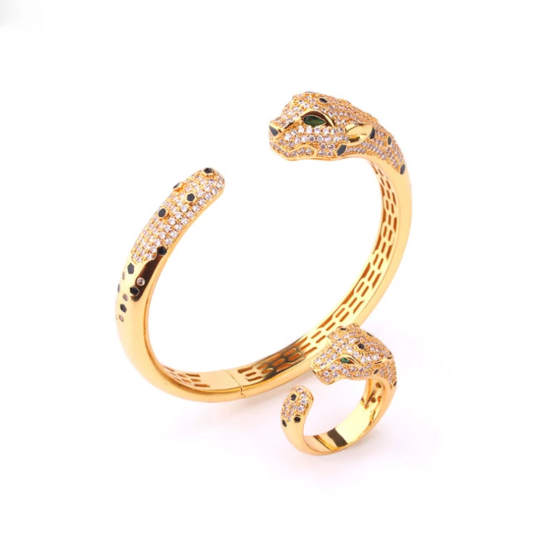 

Bobokiki Jewelry Fashion Domineering Enamel Leopard Titanium Micro-Inlaid AAA Zircon Luxury Animal Bracelet Ring Set