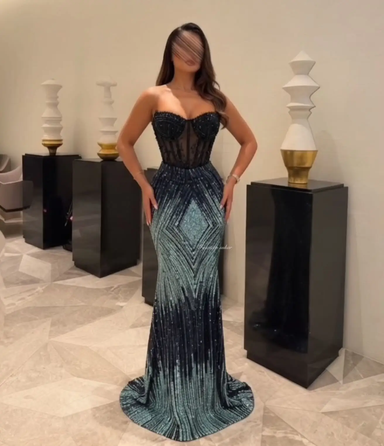Black Teal Gradient Sequin Mermaid Evening Dress Strapless Sheer Mesh Corset Bodice Geometric Sparkle Floor Length Formal Gown F