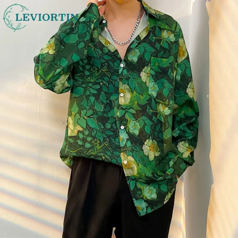 Vintage Hawaiian Shirt Y2K Summer Flower Print Long Sleeve Button Beach Shirts Man Streetwear 2023 Men Fashion Casual Blouse Top