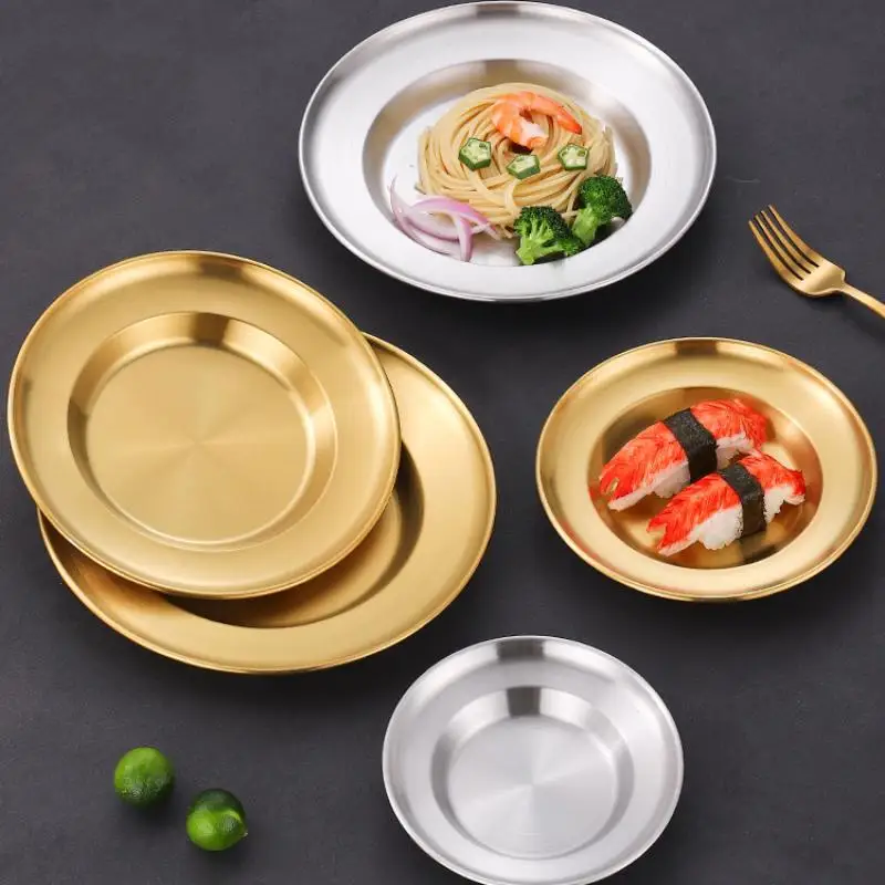 Stainless Steel Round Plate Lightweight Metal Dish Dinnerware Rustproof Food Plate for Camping Picnic Kitchen