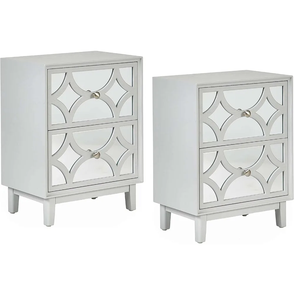 

modern contemporary nightstand, 2-drawer front mirror nightstand, for small spaces, bedroom, light gray