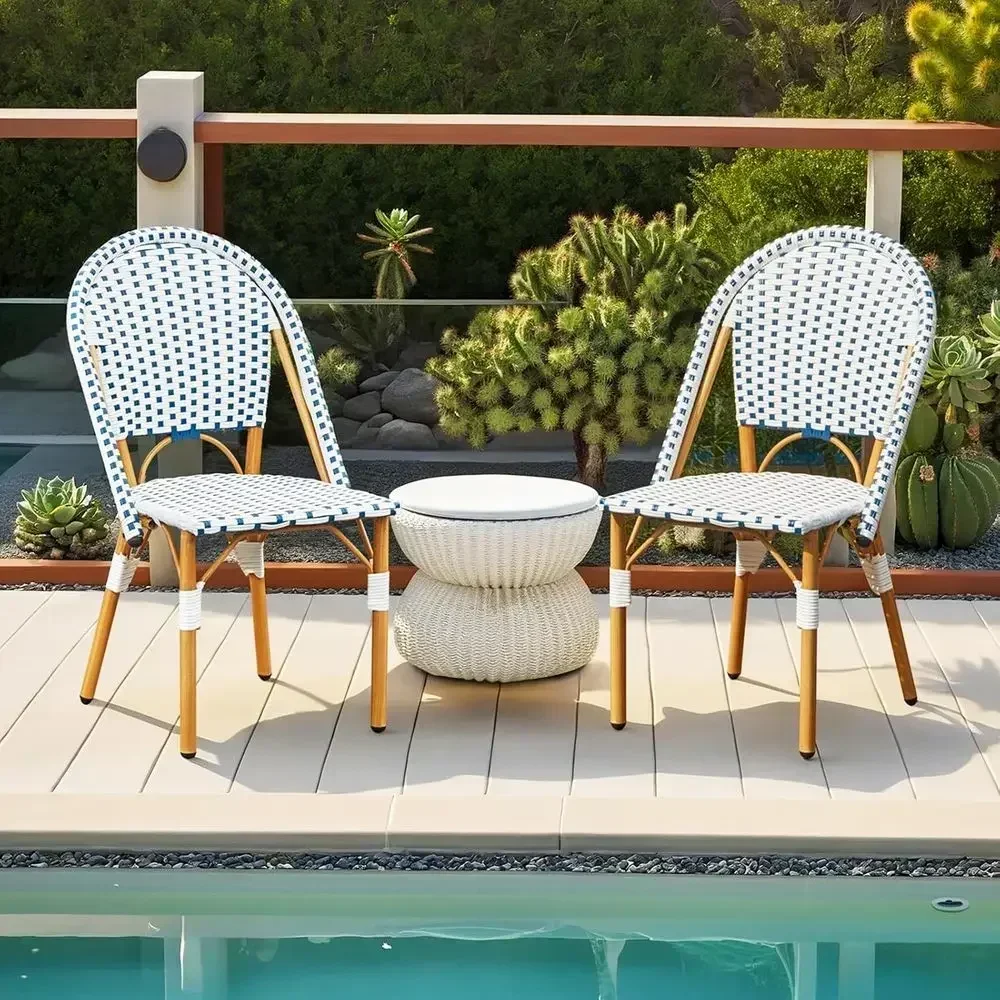 2-Piece Outdoor Wicker Bistro Chair Set with Blue & White Print for Patio, Porch, or Garden