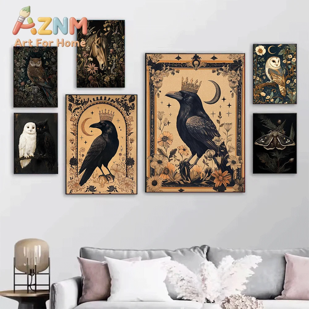 Dark Cottagecore Forest Animal Canvas Print, Mystical Moon Floral Owl Raven Fox Art Poster, Frameless Canvas Wall Picture for