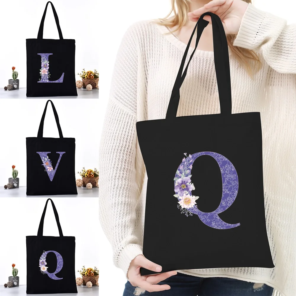 

Women Canvas Shoulder Bag Reusable Shopping Bags Ladies Purple Flower Series Handbags Casual Tote Grocery Storage Bag for Girls