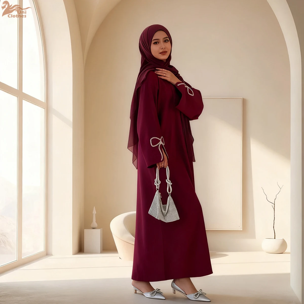 

Исламская одежда Абая, закрытое женское мусульманское платье Абая с серебряным бантом ручной работы, женские платья с разрезом на рукавах