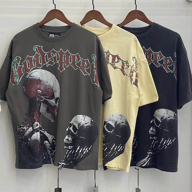 God Speed American Style Street Hip Hop Skeleton Print Loose Fit Short Sleeve Men's T-Shirt Summer Casual Vintage Tagkita