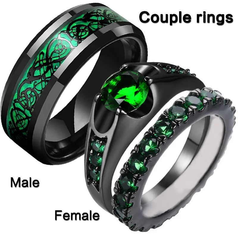 Romantic Emerald Women's Ring, Stainless Steel Dragon Pattern Men's Couple Ring Accessories Gift