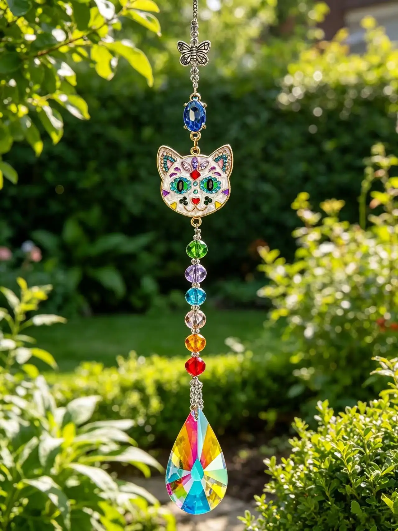 Colorful Cat Suncatcher Crystal Prism Hanging Ornament AB Teardrop Pendant 7 Chakra Beads Rainbow Maker for Window Garden Home
