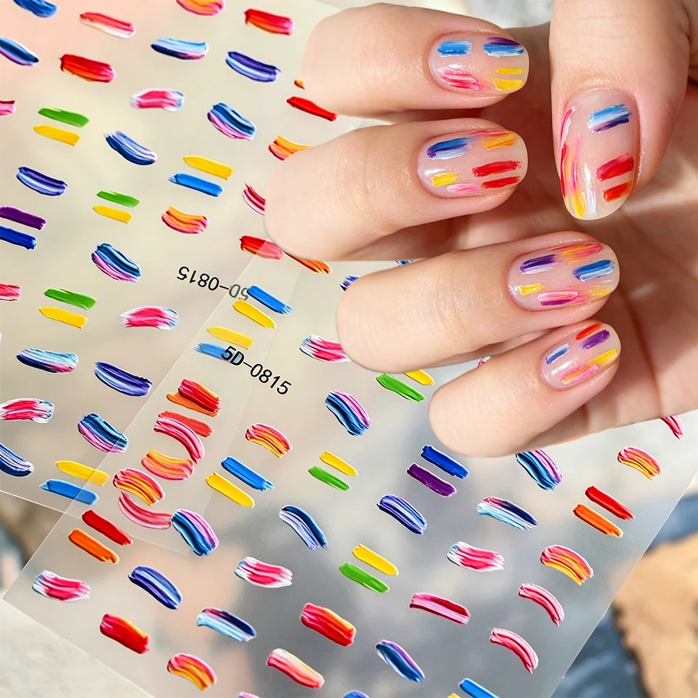 1Pcs Colored Brushes Graffiti Nail Sticker 5D Rainbow Oil Painting Abstract Line Football Game Sports Fans Nail Decals DIY Decor