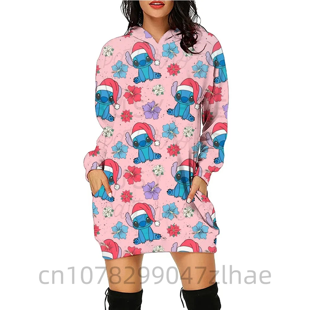 New Women's Disney Series Christmas Stitch Printed Pullover Sweatshirt Hooded Dress Casual Fashion Women's Clothing tops y2k