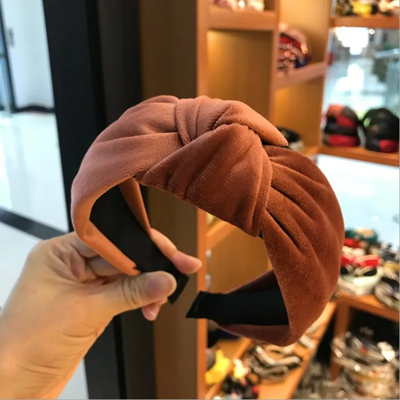 New Boutique Hair Accessories Women\'s Velvet Middle Knotted Wide Side Headband Wild Headbands Wash Sports Hair Band Headwear