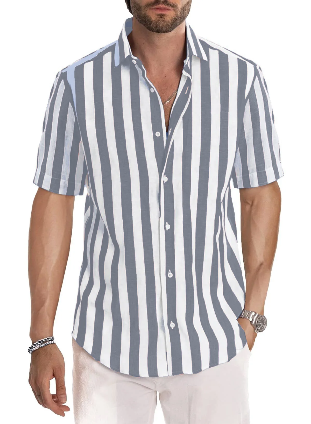 

Spring Summer 2024 Europe and America fashion Men's daily Casual Striped lapel Short-Sleeved Shirt