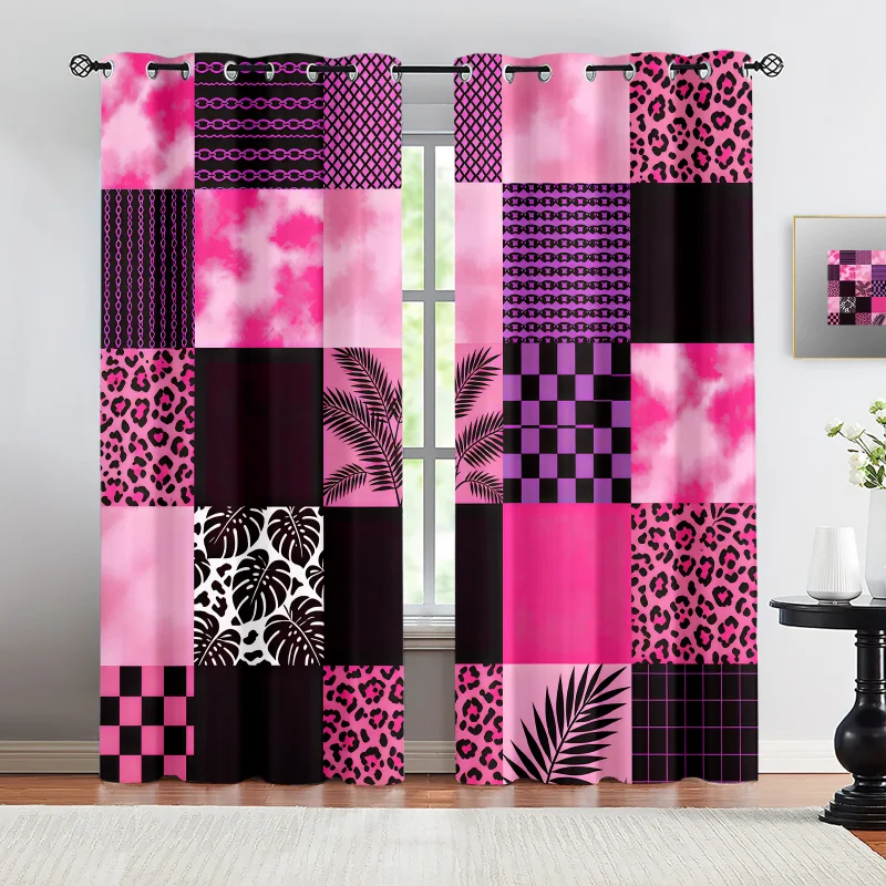 Pink Leopard Palm Patchwork Printed Curtains 2 Panels Light Blocking Rate 85% Darkening Decoration Curtains Girly Window Drape