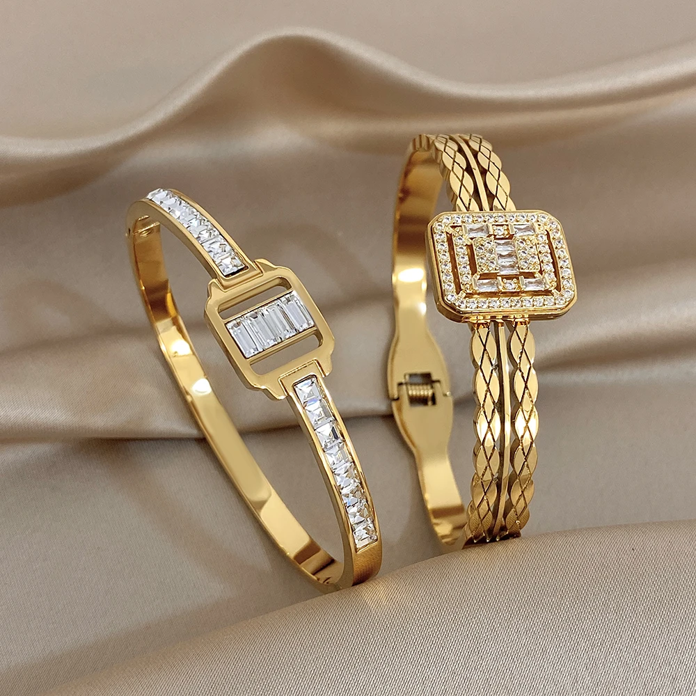 Luxury Square Hollow Geometric Zircon Stainless Steel Bracelet for Women Zircon Golden Waterproof Spring Bangle Festival Jewelry