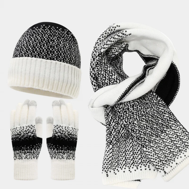 Korean Style Contrast Color Wool Knitted Hat Scarf Touch Screen Gloves 3pcs Set Autumn and Winter Women's Cold-Proof Warm Suit