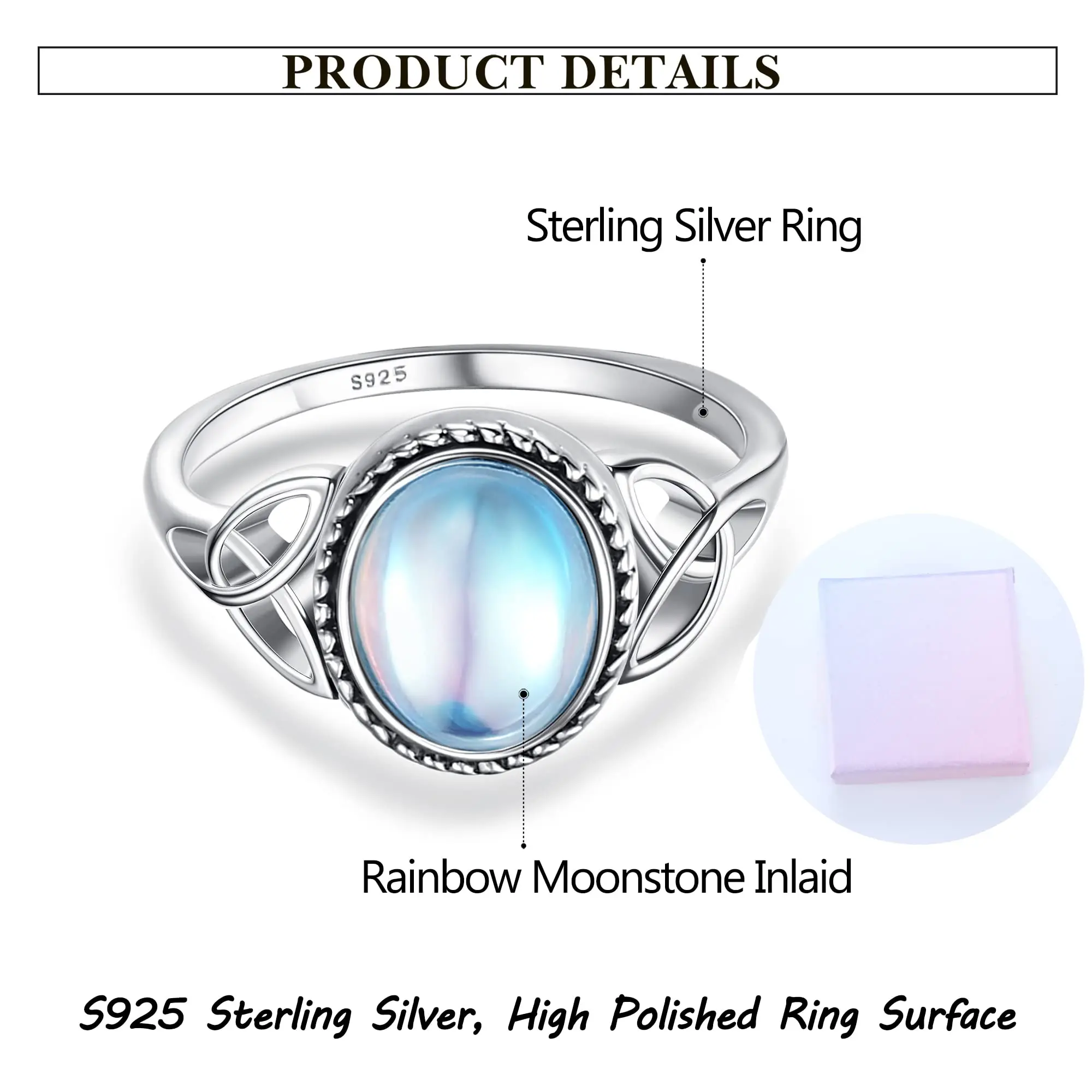 Fansilver S925 Sterling Silver Moonstone Ring for Women 18K White Gold Plated Vintage Rings Oval Elegant Moonstone Ring