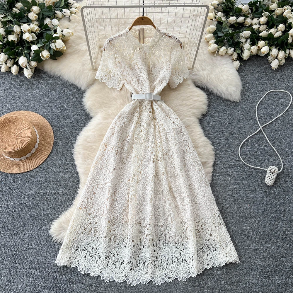 

Chic Sexy hollow out lace slim Dress Fairy Casual A-line Dress Summer Beach Vacation Vestidos Women Sundress