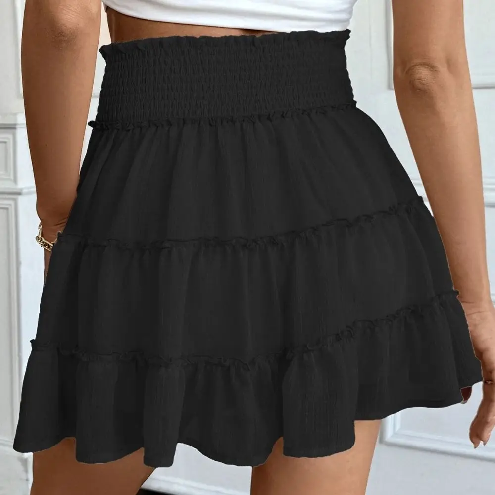 Fashion Ruffle Mini Skirts Elastic Waistband Solid Color Summer Beach Skirts Loose Fit High Waist Layered Casual Skirts