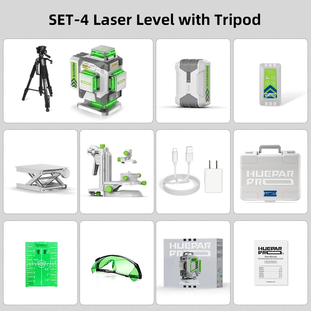 Huepar Professioneel laserniveau 4D 16 lijnen ± 2 mm Hoge nauwkeurigheid groene kruislijnlaser en 8000 mAh Li-ionbatterij voor de bouw