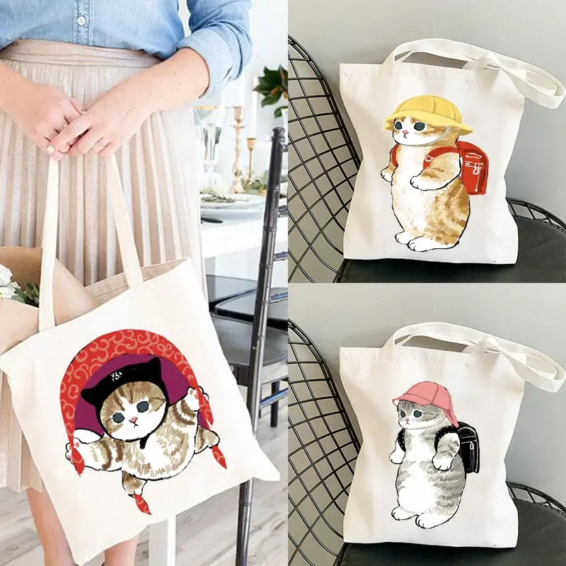 Kawaii Cats High Capacity Tote Bag Beach Bag Cartoon Manga Shopper Bags Handbags Canvas Shoulder Bags Woman Shopping Bags