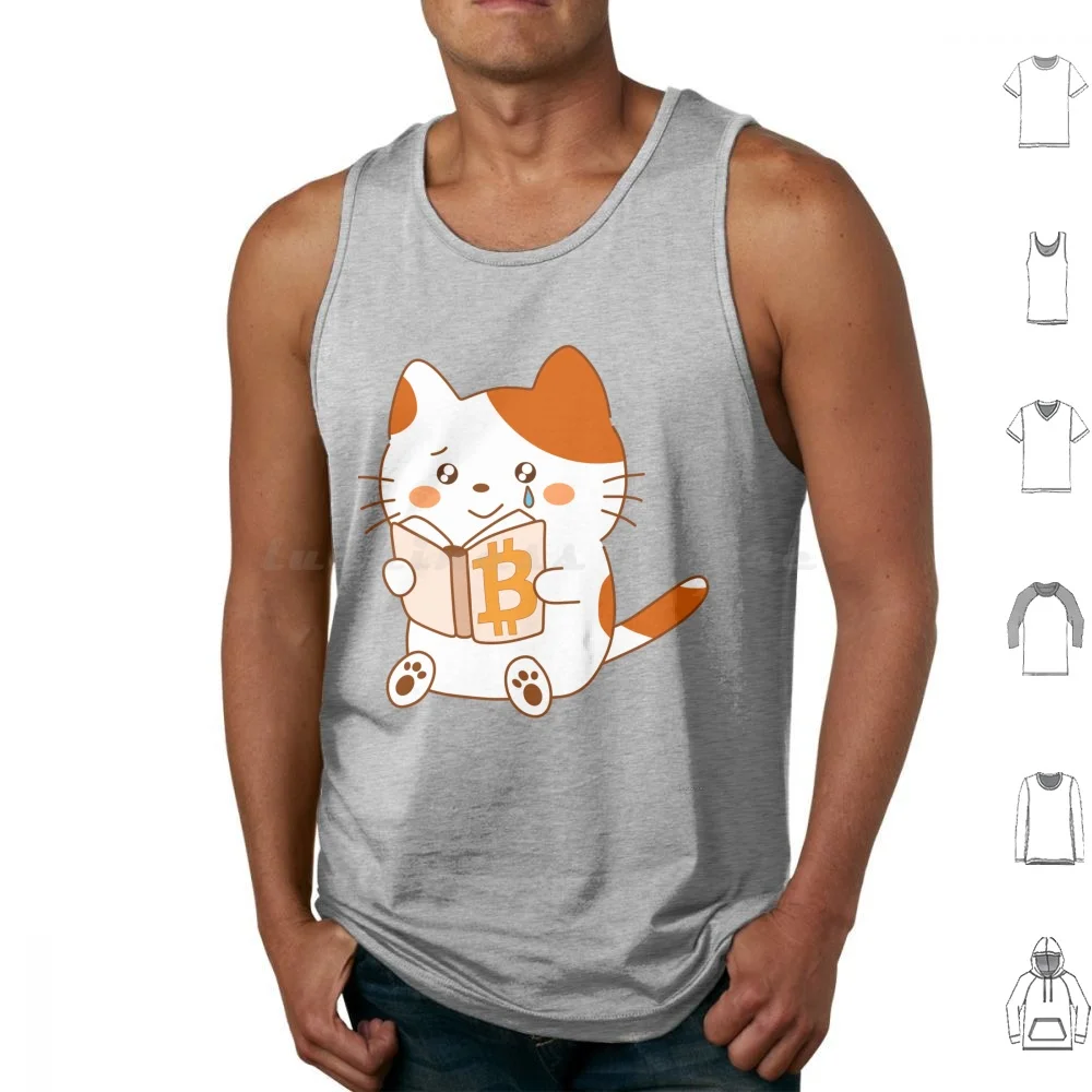Cute Kawaii Cat Discovers The Beauty Of Bitcoin , Reading A Book With A Tear Of Joy Tank Tops Print Cotton Cat Cute Tear