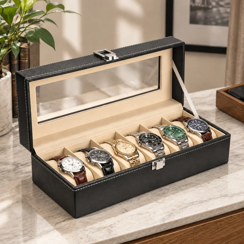Men's PU Leather Watch Storage Case with Glass Lid, Multiple Compartments, and Display Stand - Perfect Gift Organizer
