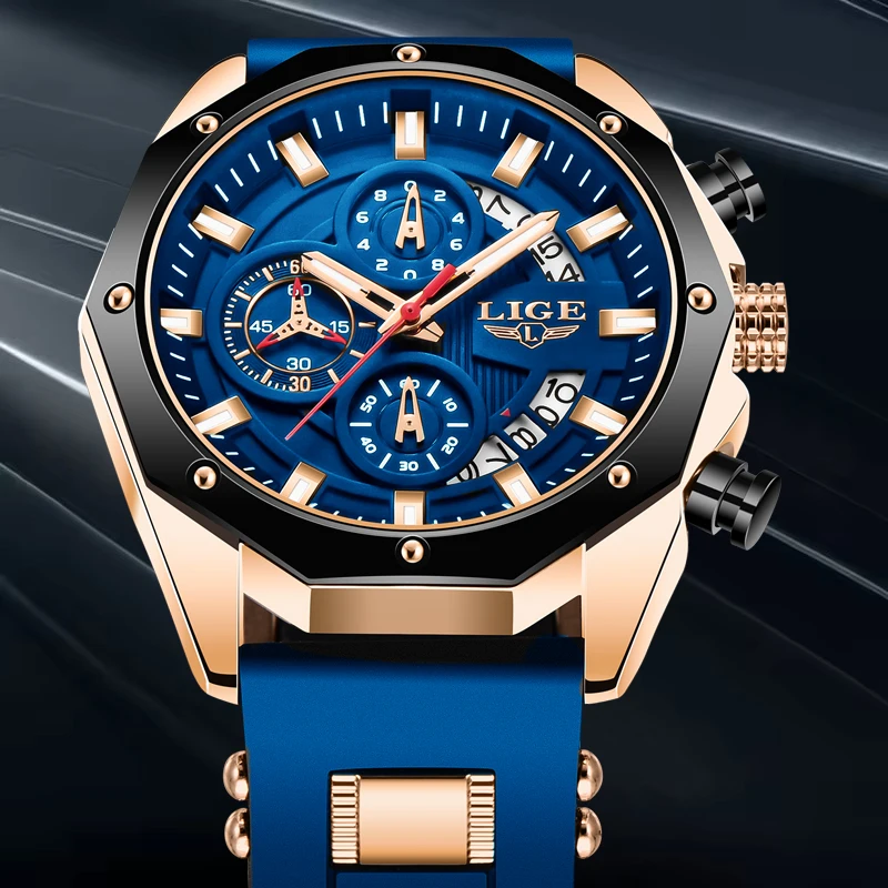 LIGE Blue Silicone Watch For Men Fashion Military Sport Chronograph Clock Male Top Brand Luxury Waterproof Watches Montre Homme