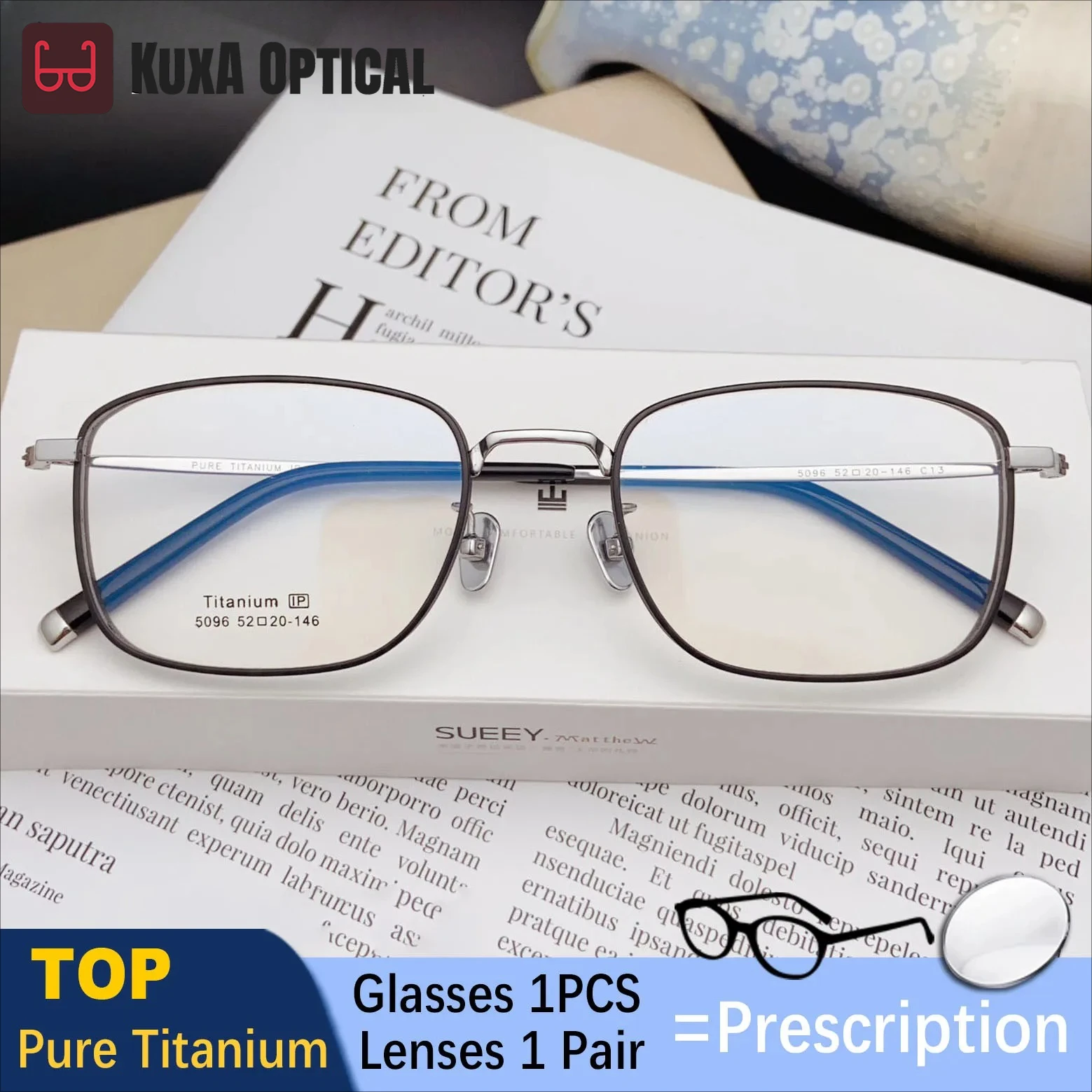 

KUXA Pure Titanium Eyewear Men Prescription Glasses Progressive Correct Myopia Recipe Eyeglasse 1.56 1.61 Lenses Anti Blue Light