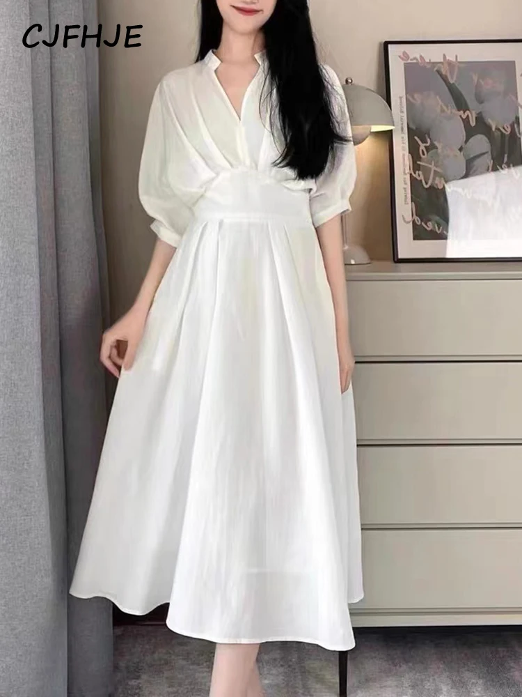 CJFHJE High Waist White New Summer One Piece Dress Women Korean Elegant Ladies Dresses Casual Slim High Street Midi Dress Female