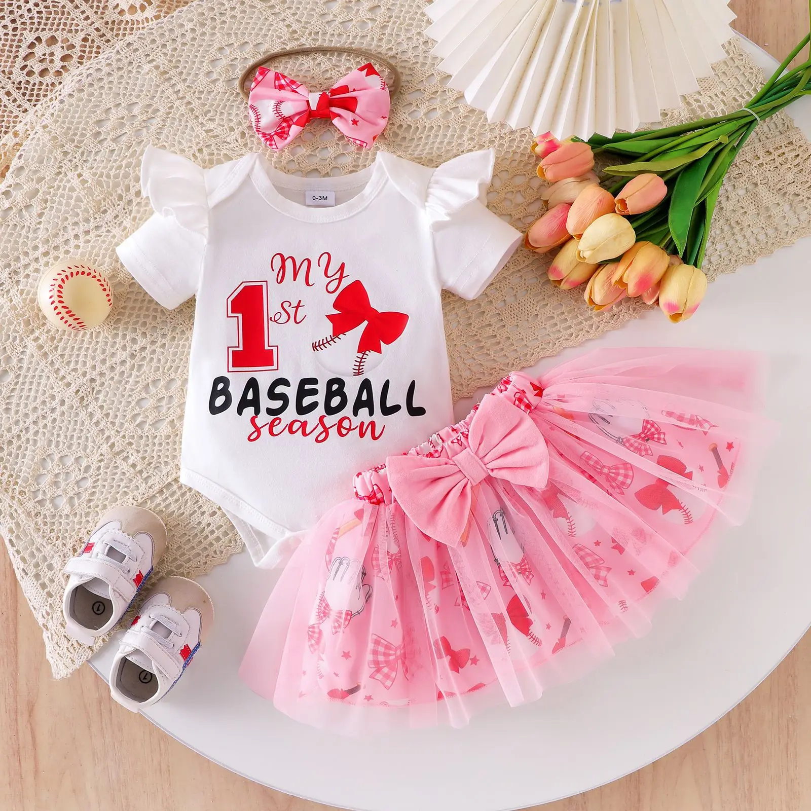 3Pcs Set 0-18M Newborn Baby Girl Clothes Cute Summer Short Sleeve Letter Print Romper + Bow Skirt + Headband Toddler Outfit