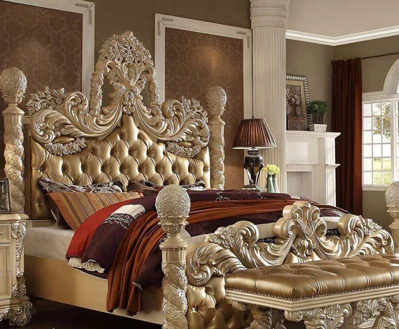 European Luxury Solid Wood Bed with Genuine Leather Double French Wood Carved Palace Princess Villa Dressing Table