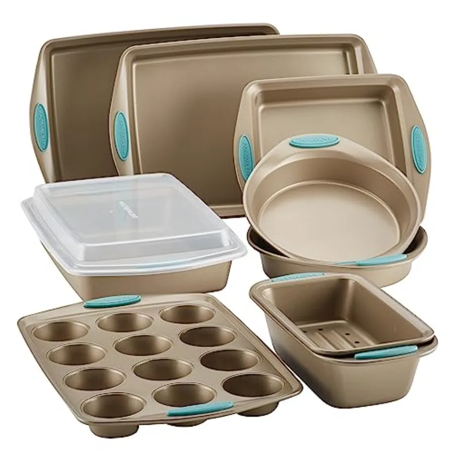 Nonstick Bakeware Set For Home Baking: Latte Brown Aluminum With Agave Blue Silicone Grips, 10-Piece Including Bread Pan