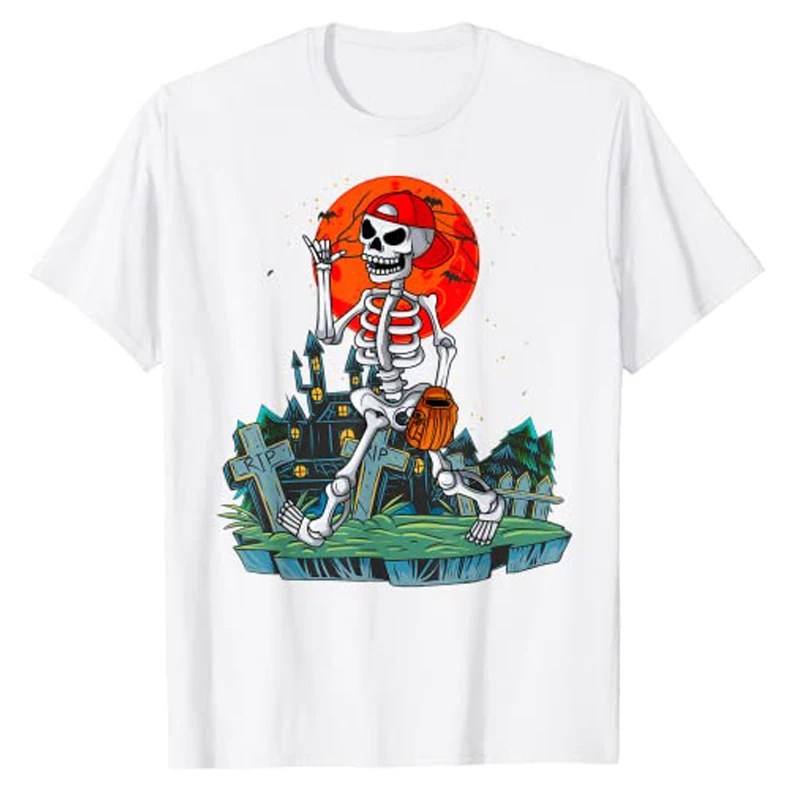 Skeleton Player Baseball Halloween Costume Catcher Pitcher T-Shirt Gift Baseball-Lover Skull Print Graphic Tee Tops Gothic Style