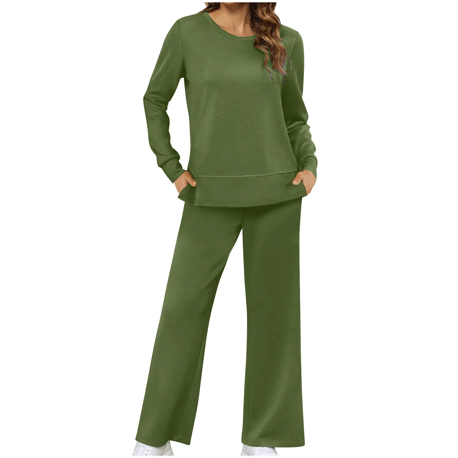 

Solid Color Casual Loose Two Piece Set,Slit Design Long Sleeve Round Neck Loose Straight Leg Women's Trouser Suit Commuter Style