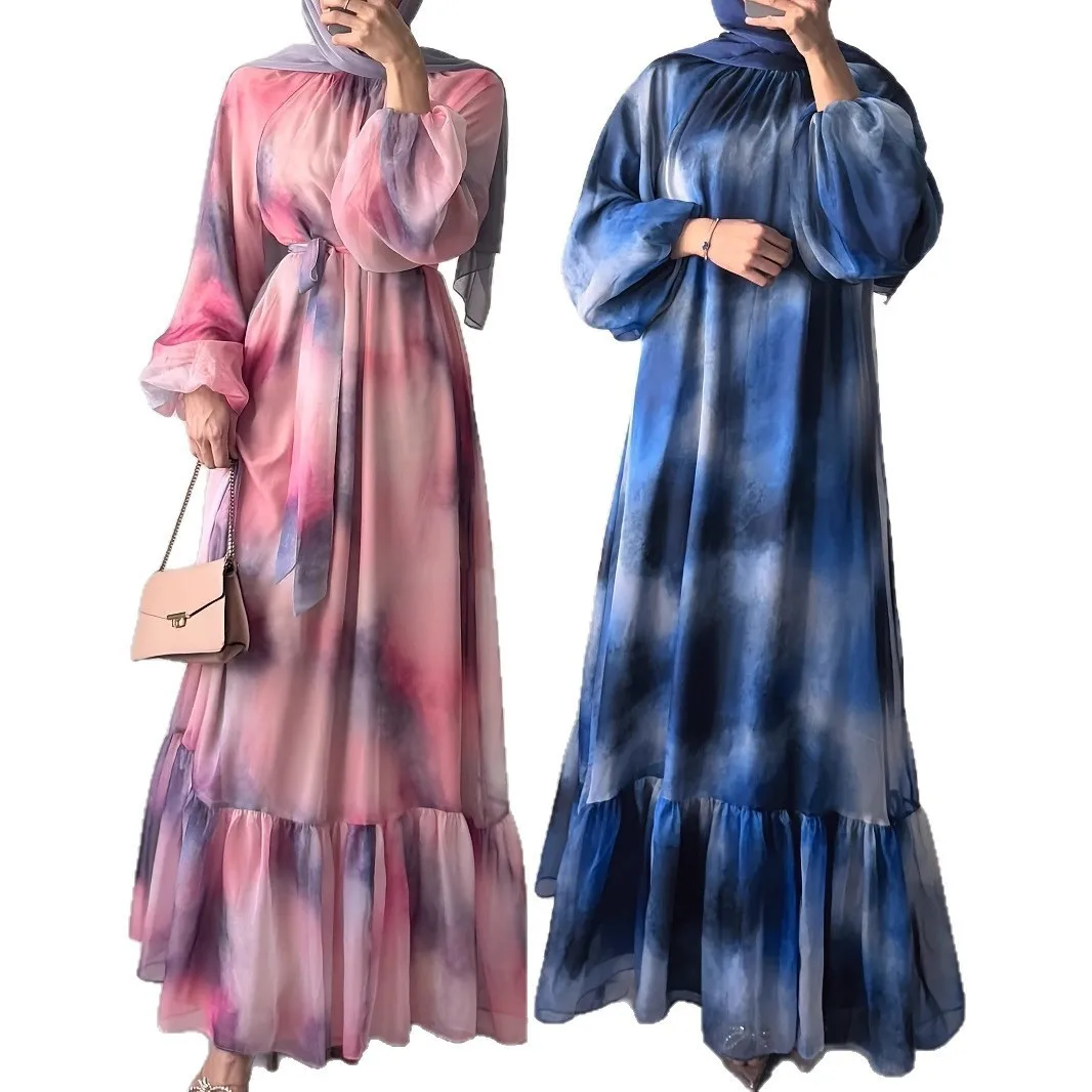 

Women's Casual Fashion Muslim Abaya Middle Eastern Chiffon Round Neck Tie-Dye with Belt Long Temperament Elegant Dress