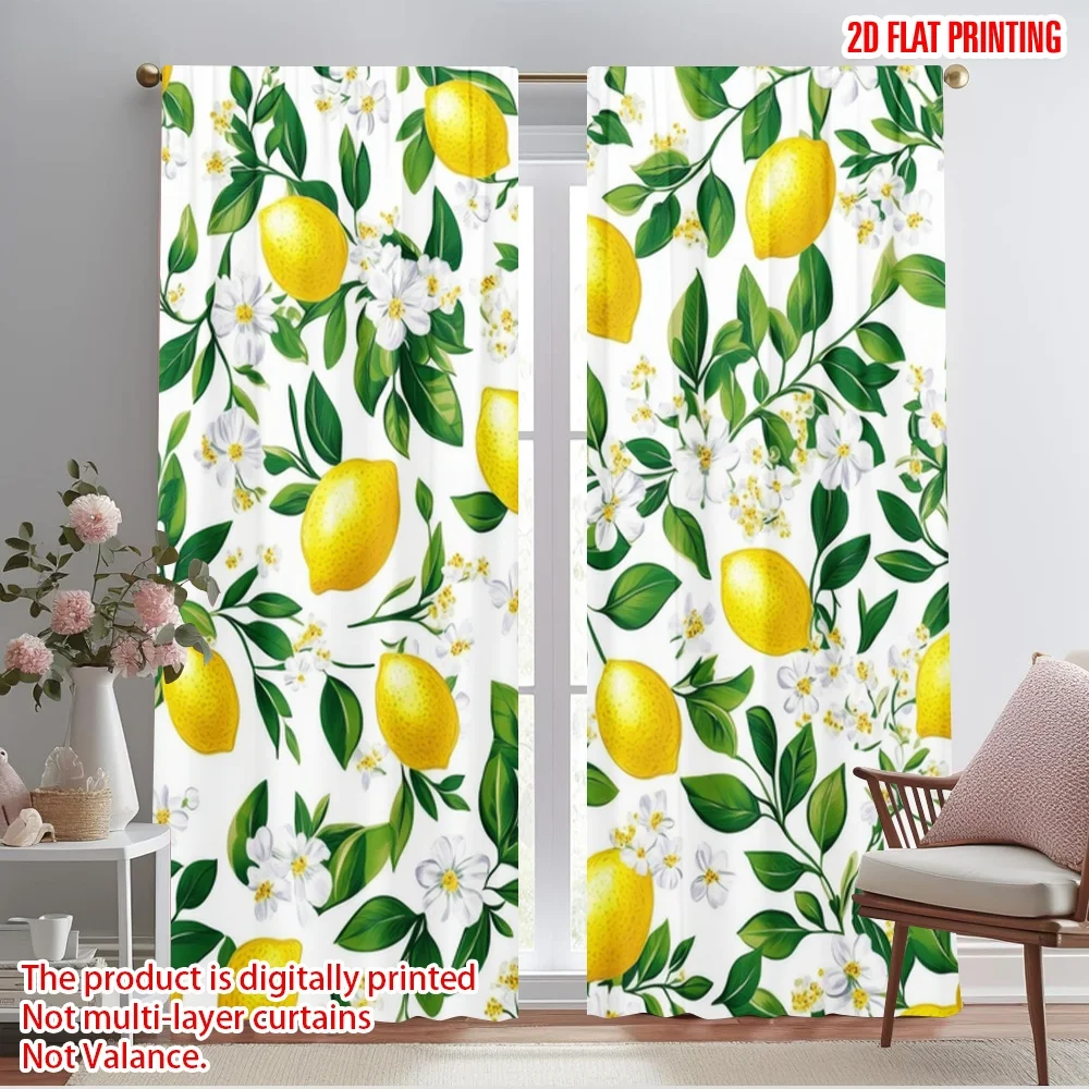 2pcs,2D plane printing Curtains Digital Printed Lemon Blossom Fiesta Polyester Easy Install (without rod) All Seasons Perfect