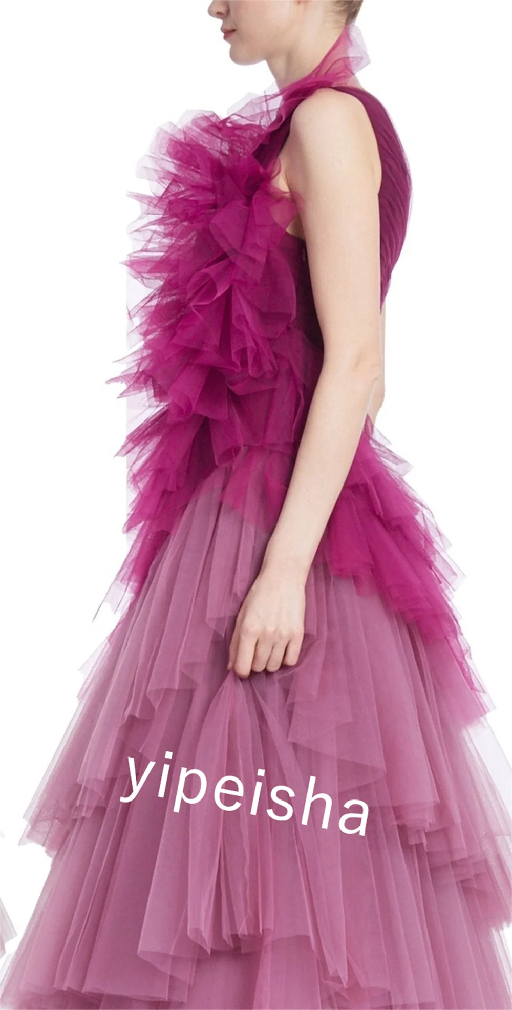 Customized Tulle Draped Tiered Christmas Ball Gown One-shoulder Bespoke Occasion  Long Dresses